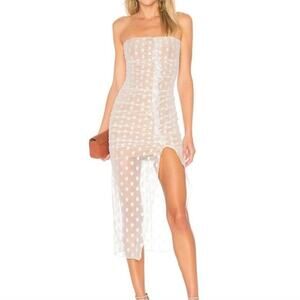 Majorelle Strapless Polka-Dot Mesh Midi Bodycon Brady Dress Womens Size M Y2k